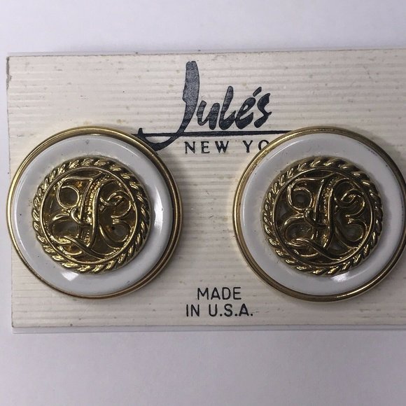 Jules New York Made USA Earrings NEW White Gold Tone Button Style 1980s - Picture 4 of 4